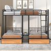 Full Over Twin & Twin Bunk Bed, Metal Triple Bunk Bed with Drawers and Guardrails, Black - as Pic