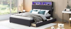 Full Size Upholstered Platform Bed with Storage Headboard, LED, USB Charging and 2 Drawers, Dark Gray - as Pic