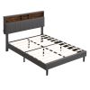 Full size Upholstered Platform Bed with Storage Headboard and USB Port, Linen Fabric Upholstered Bed (Gray) - as Pic