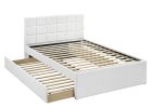 Twin Size Bed w/ Trundle Slats White Faux Leather Upholstered Plywood Kids Youth Bedroom Furniture Wooden Slats - as Pic