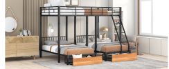 Full Over Twin & Twin Bunk Bed, Metal Triple Bunk Bed with Drawers and Guardrails, Black - as Pic
