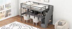 Twin Size Loft Bed Frame with Storage Staircase and Double Desks and Shelves,Gray - as Pic