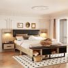 Queen Size Wood Platform Bed with Upholstered Headboard, Lights and Storage Nightstand, Bench, Walnut - as Pic