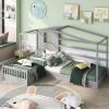 Wood House Bed Twin Size, 2 Twin Solid Bed L structure with fence and slatted frame, Gray - as Pic