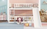 Bunk Bed with Slide,Full Over Full Low Bunk Bed with Fence and Ladder for Toddler Kids Teens White - as pic