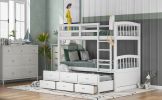 Twin over Twin Wood Bunk Bed with Trundle and Drawers,White - as pic