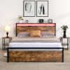 Full Size Bed Frame with Storage Headboard and 2 Drawers, LED Lights Bed with Charging Station, Metal Platform Bed No Noise, Mattress Foundation Stron