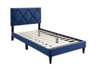 Twin Size Bed w Adjustable Headboard 1pc Bedframe, Navy Blue Velvet Upholstered Youth Bedroom Furniture - as Pic