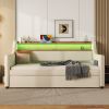 Twin Size Daybed with Trundle, Upholstered Daybed with Charging Station and LED Lights, Beige (Expect arrive date:May 20th.) - as Pic