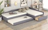 Upholstered Double Twin Size Daybed with Trundle and Drawer, Gray - as Pic