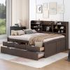 Full Size Wooden Captain Bed with Built-in Bookshelves,Three Storage Drawers and Trundle,Antique Grey - as Pic