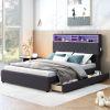 Full Size Upholstered Platform Bed with Storage Headboard, LED, USB Charging and 2 Drawers, Dark Gray - as Pic