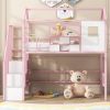 Metal Loft Bed with roof design and a storage box, Twin, Pink - as Pic