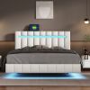 Queen Size Floating Bed Frame with LED Lights and USB Charging,Modern Upholstered Platform LED Bed Frame, White - as Pic
