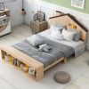 Full Size House Platform Bed with LED Lights and Storage, Wood Color - as Pic