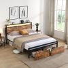 Full Size Bed Frame with Storage Headboard and 2 Drawers, LED Lights Bed with Charging Station, Metal Platform Bed No Noise, Mattress Foundation Stron