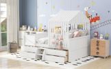 Full Size House Low Loft Bed with Four Drawers,White - as Pic