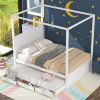 Queen Size Canopy Platform Bed with Twin Size Trundle and Three Storage Drawers,White - as Pic