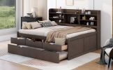 Full Size Wooden Captain Bed with Built-in Bookshelves,Three Storage Drawers and Trundle,Antique Grey - as Pic