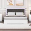 Queen Size Upholstered Bed with LED Light,Modern Platform Bed with with Velvet Headboard,White - as Pic