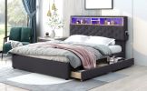 Queen Size Upholstered Platform Bed with Storage Headboard, LED, USB Charging and 2 Drawers, Dark Gray - as Pic