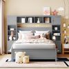 Full Size Wooden Bed With All-in-One Cabinet and Shelf, Gray - as Pic