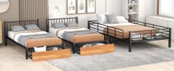 Full Over Twin & Twin Bunk Bed, Metal Triple Bunk Bed with Drawers and Guardrails, Black - as Pic