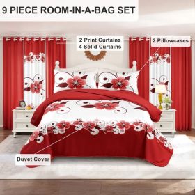 Red White Floral Duvet Cover & Curtain Set 9 Piece, Queen Size - Coordinated Bedding Bundle with Sheer Grommet Drapes, 2 Pillowcases & Matching C (Option: red/white gardenia-CAL KING)