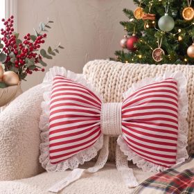 Christmas Bow Throw Pillow Cover, Red & White Striped Decorative Cushion With Lace Ruffle Trim, Festive Holiday Home Decor For Sofa & Bed (Option: MULTI)