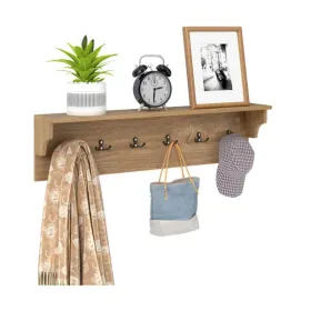 Wall Mount Coat Rack With Shelf - 31.5"x5.5"x8", 6 Hooks & 110LBS Capacity (Natural) (Option: defaulttitle)