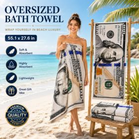 55x28in Cash Print Beach Towel Soft Velour Absorbent US Dollar Seaside Pool Towel (Option: A)