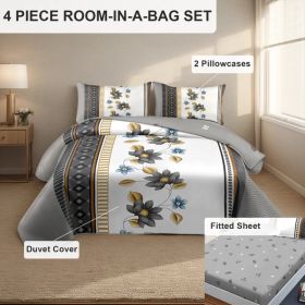4 Piece Soft All-Season Washed Microfiber Cover Set , Queen/King/Calking Bedding Set With Zipper Closure, Sheet, Pillowcases,Print, Moisture-Wick (Option: grey/white flower-QUEEN)
